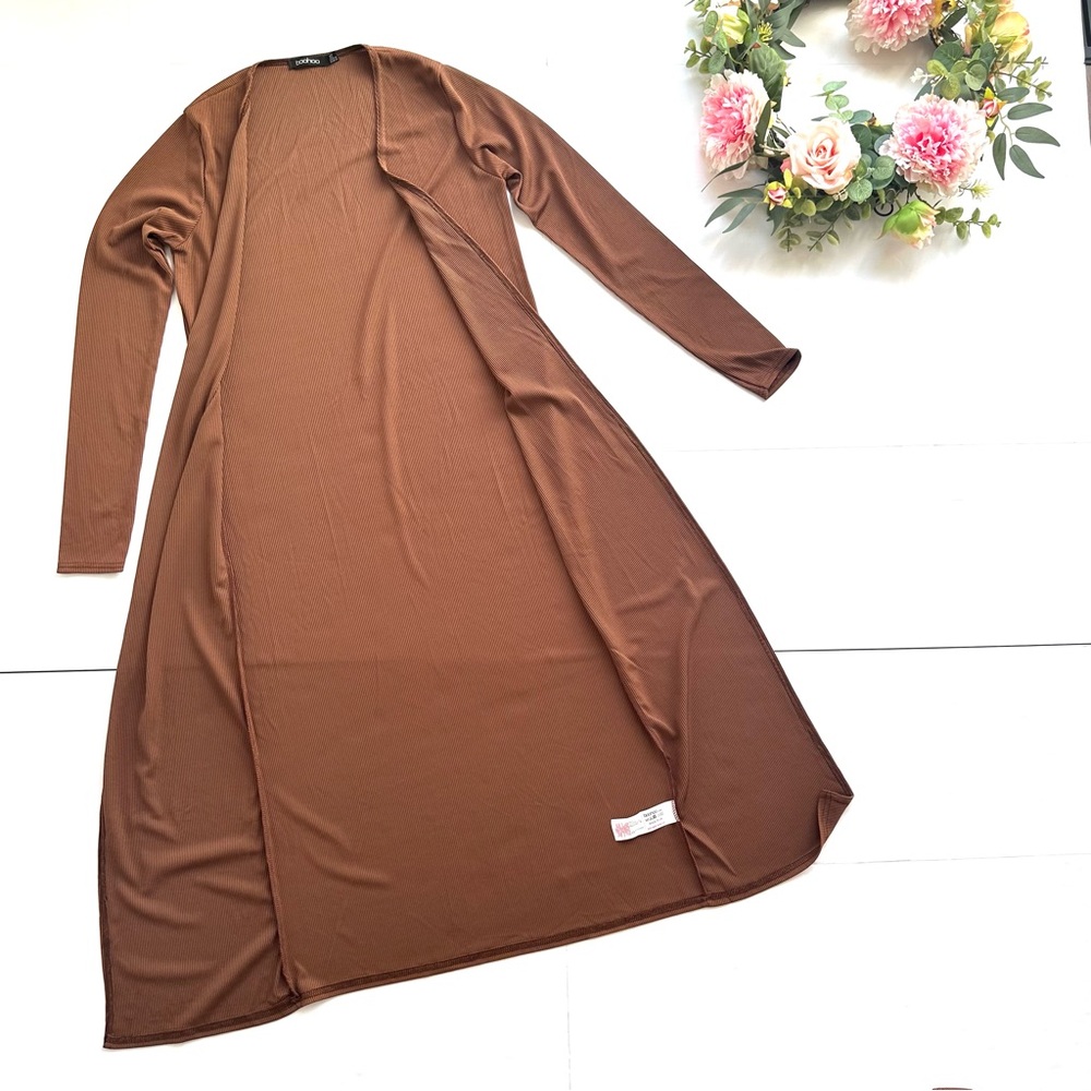 Boohoo Chocolate Ribbed Sleeveless Midi Dress and Duster Matching Set - Picture 10 of 15